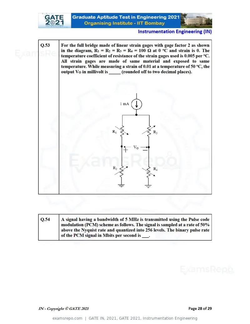 GATE IN 2021 question paper, GATE 2021, Instrumentation Engineering, page 28 of 32