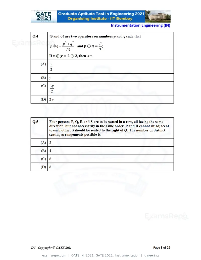 GATE IN 2021 question paper, GATE 2021, Instrumentation Engineering, page 3 of 32