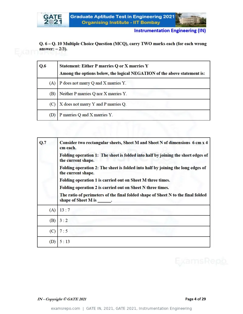 GATE IN 2021 question paper, GATE 2021, Instrumentation Engineering, page 4 of 32