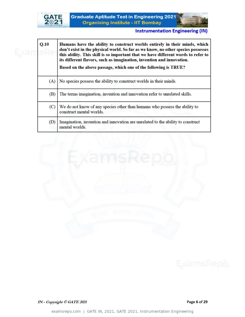 GATE IN 2021 question paper, GATE 2021, Instrumentation Engineering, page 6 of 32