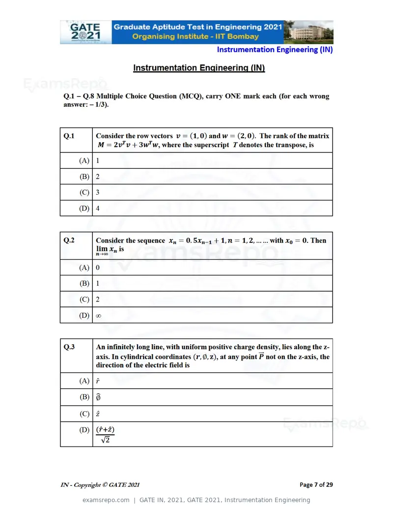 GATE IN 2021 question paper, GATE 2021, Instrumentation Engineering, page 7 of 32