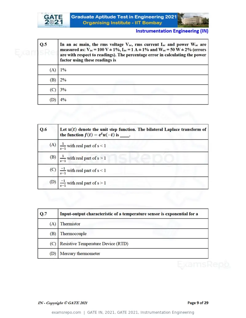 GATE IN 2021 question paper, GATE 2021, Instrumentation Engineering, page 9 of 32