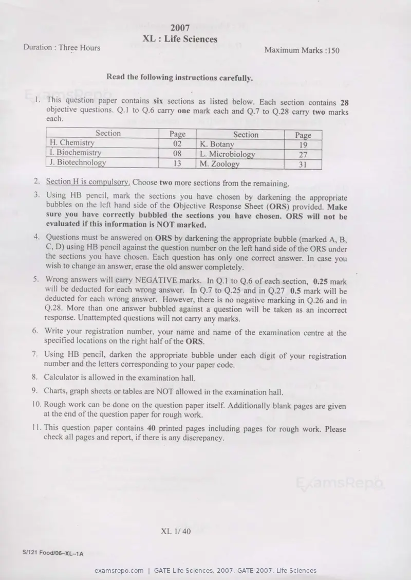 GATE Life Sciences 2007 question paper, GATE 2007, Life Sciences, page 1 of 35