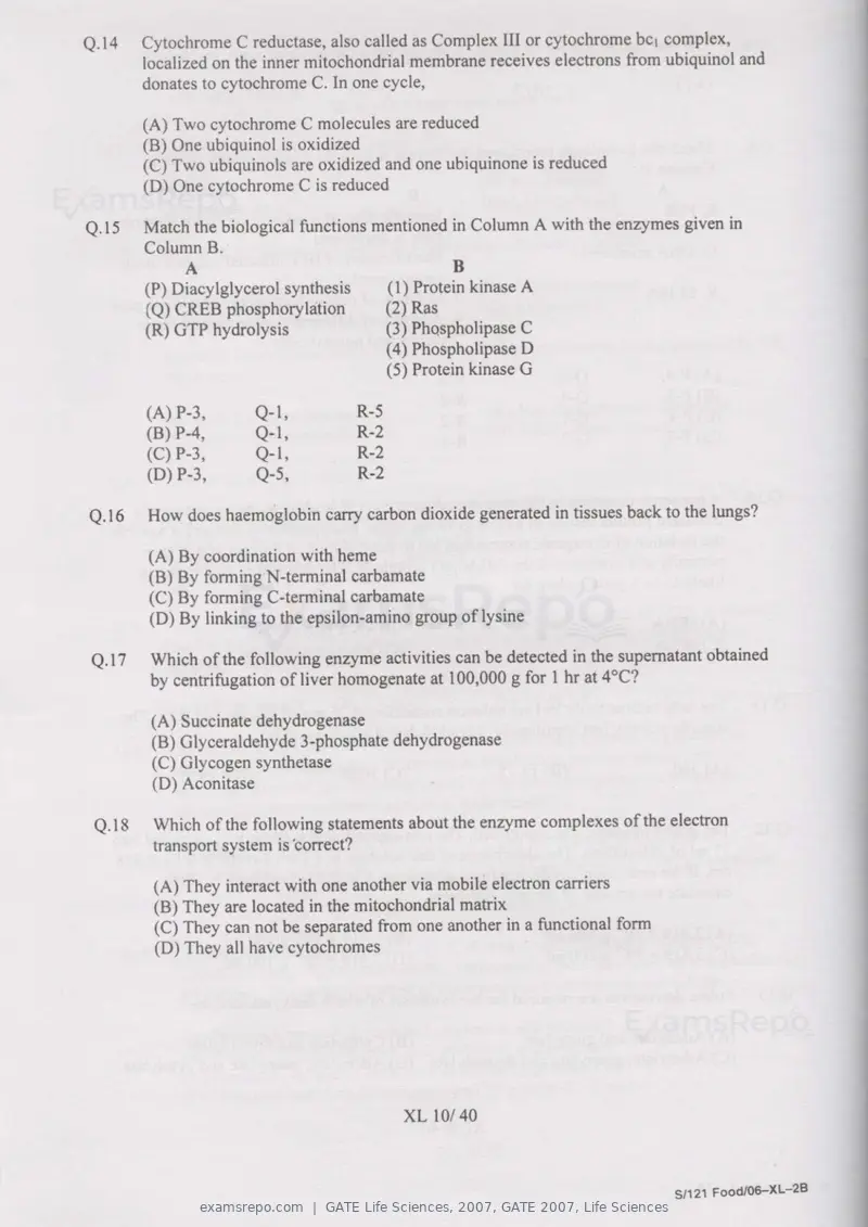 GATE Life Sciences 2007 question paper, GATE 2007, Life Sciences, page 10 of 35