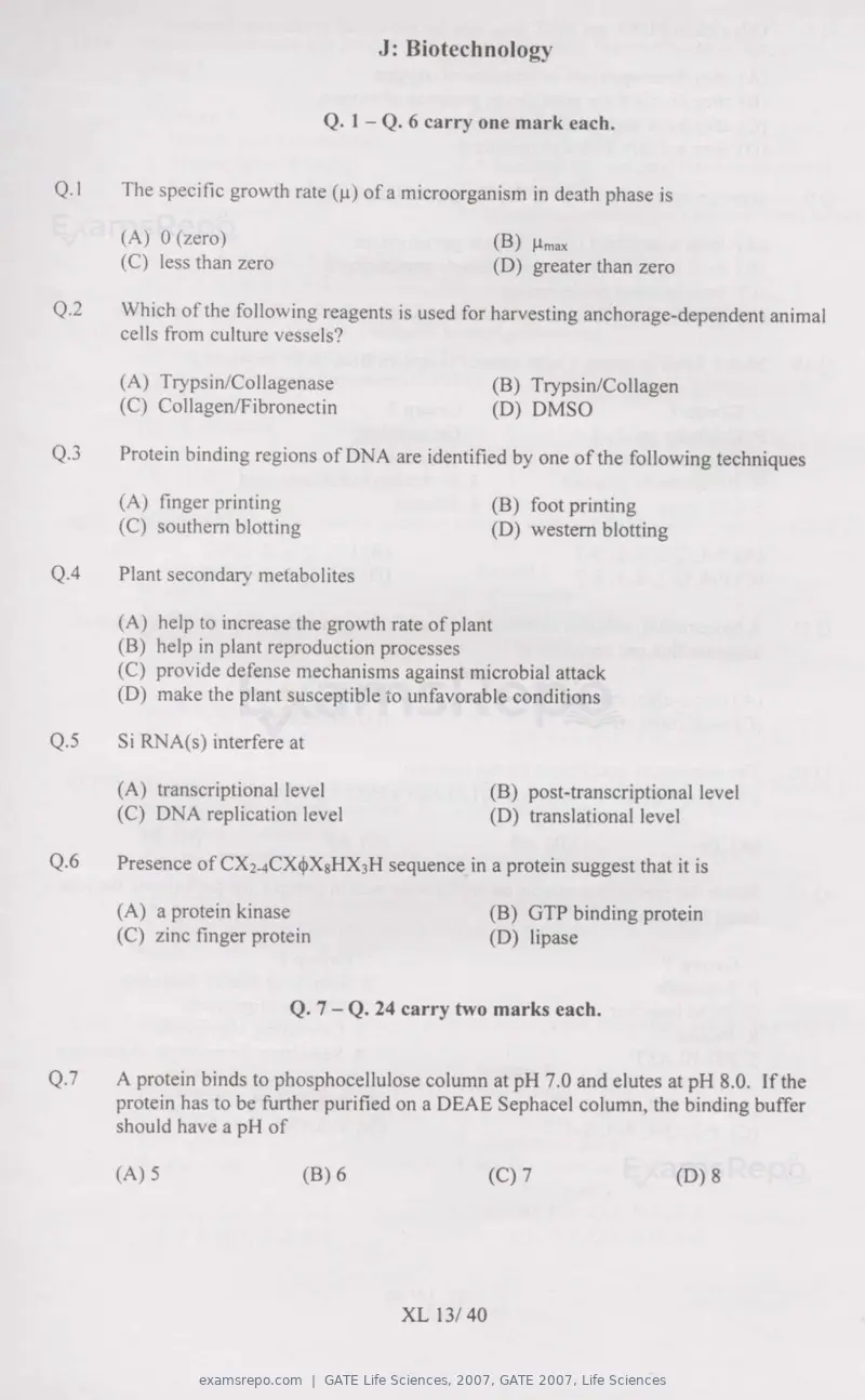 GATE Life Sciences 2007 question paper, GATE 2007, Life Sciences, page 13 of 35