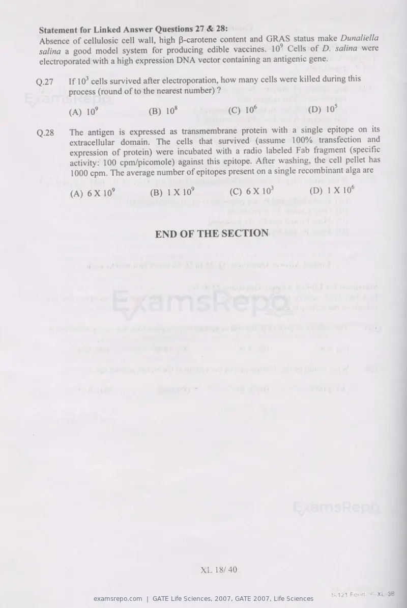 GATE Life Sciences 2007 question paper, GATE 2007, Life Sciences, page 18 of 35