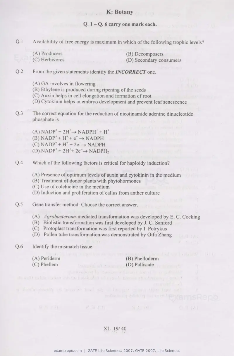 GATE Life Sciences 2007 question paper, GATE 2007, Life Sciences, page 19 of 35