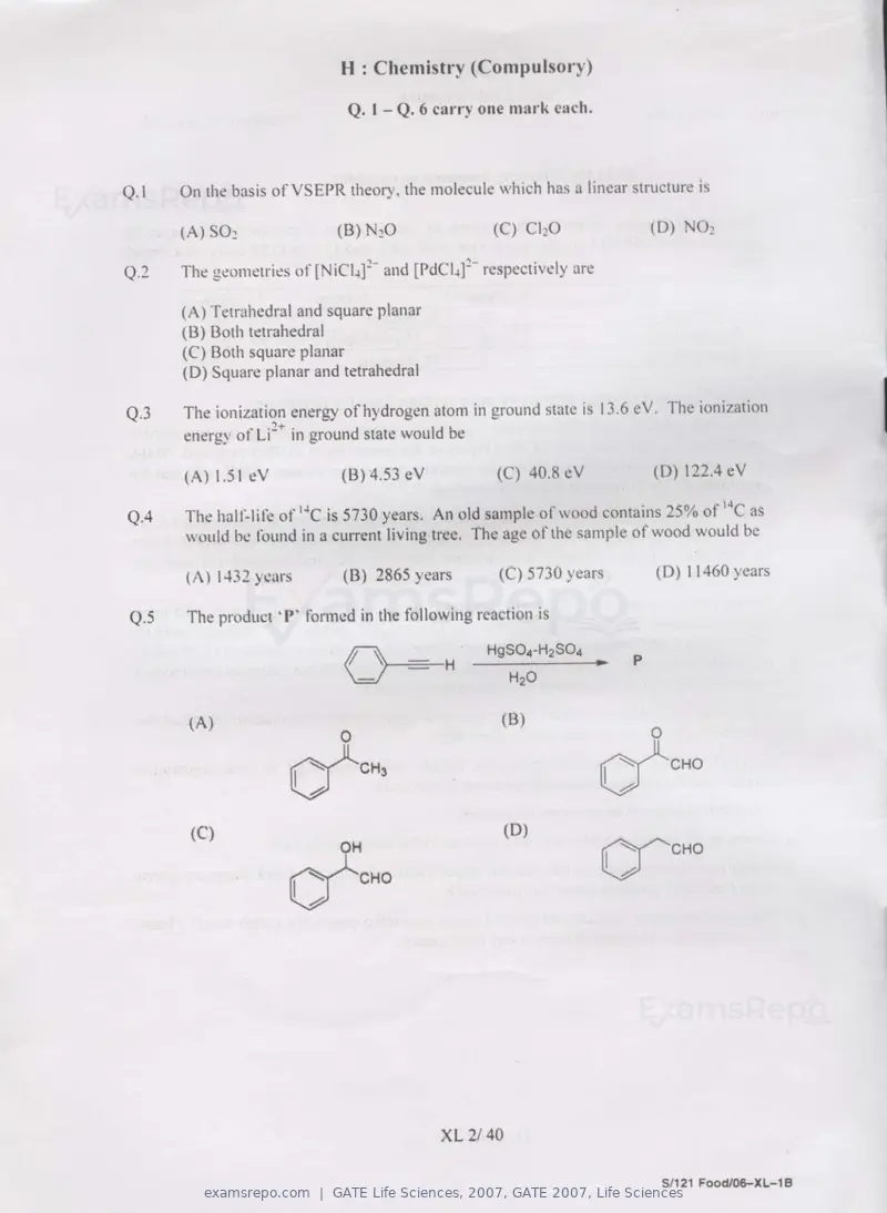GATE Life Sciences 2007 question paper, GATE 2007, Life Sciences, page 2 of 35