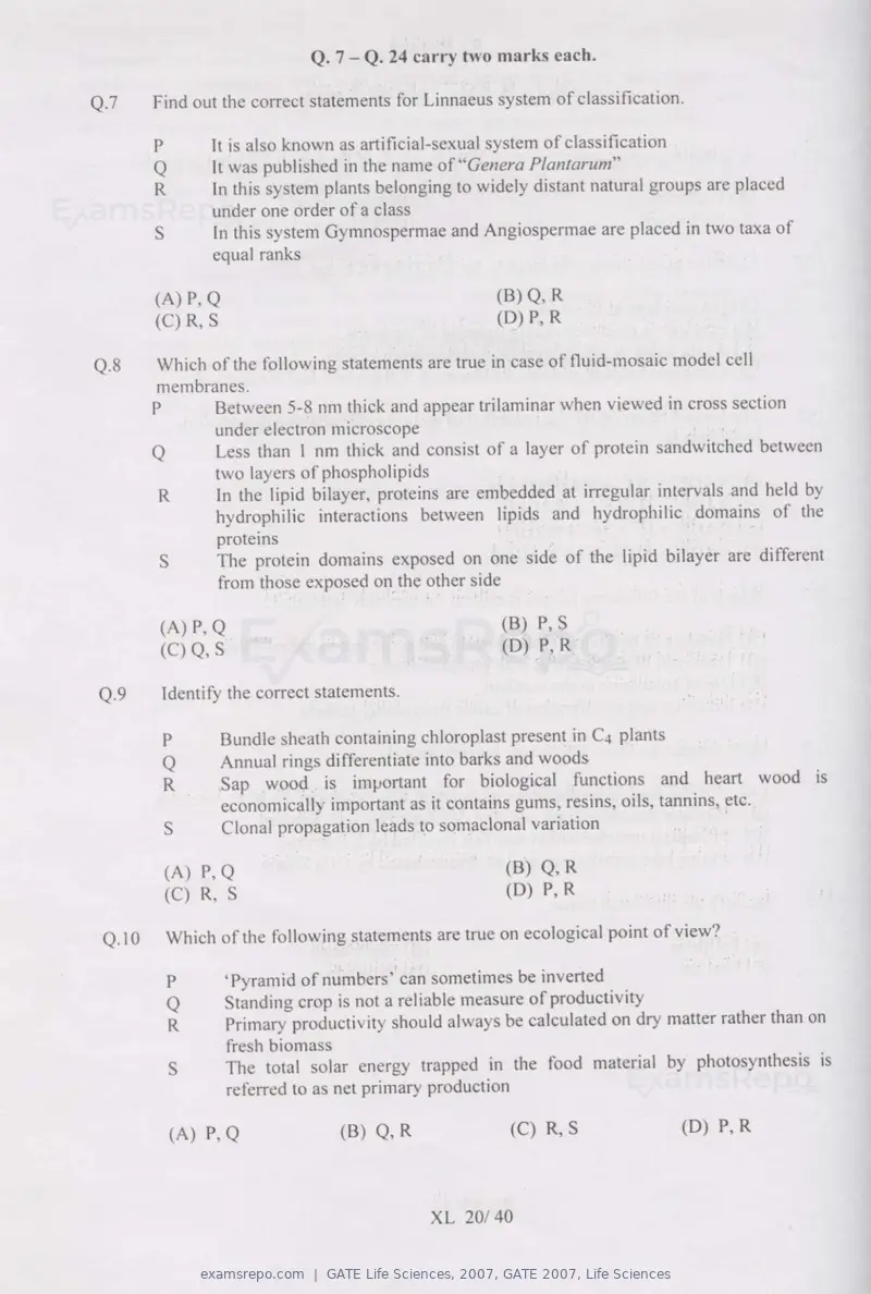 GATE Life Sciences 2007 question paper, GATE 2007, Life Sciences, page 20 of 35
