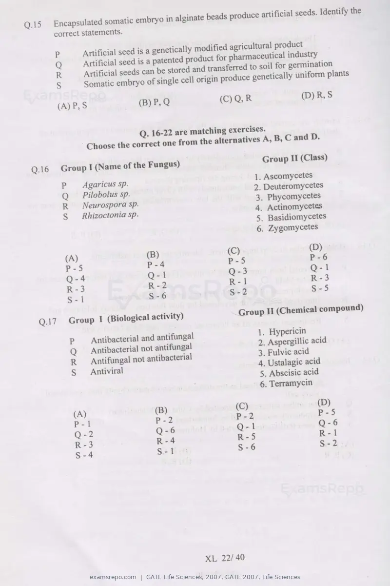 GATE Life Sciences 2007 question paper, GATE 2007, Life Sciences, page 22 of 35