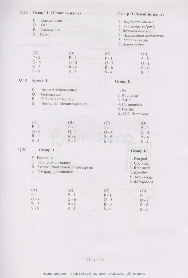 GATE Life Sciences 2007 question paper, GATE 2007, Life Sciences, page 23 of 35