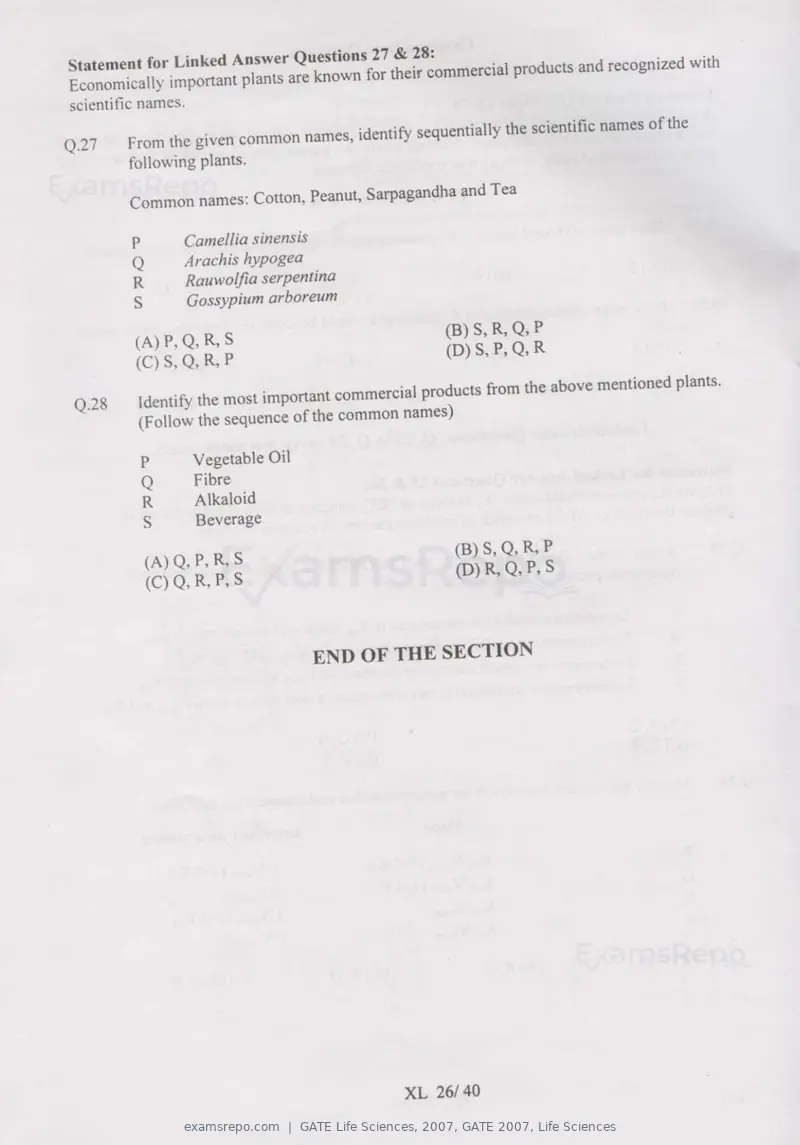 GATE Life Sciences 2007 question paper, GATE 2007, Life Sciences, page 26 of 35