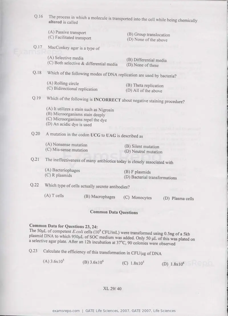 GATE Life Sciences 2007 question paper, GATE 2007, Life Sciences, page 29 of 35