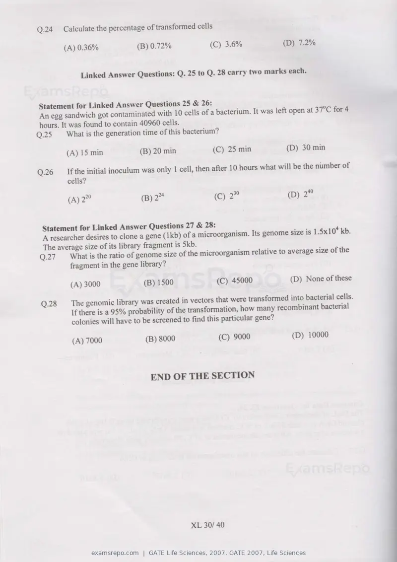 GATE Life Sciences 2007 question paper, GATE 2007, Life Sciences, page 30 of 35