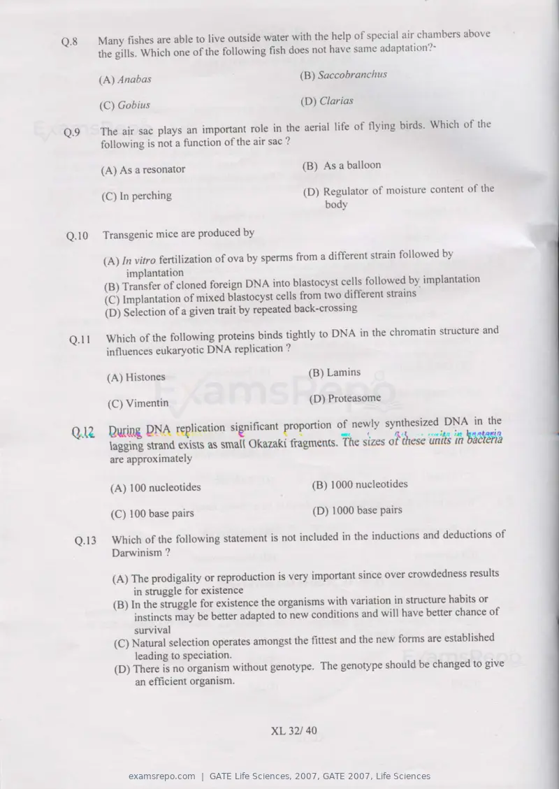 GATE Life Sciences 2007 question paper, GATE 2007, Life Sciences, page 32 of 35