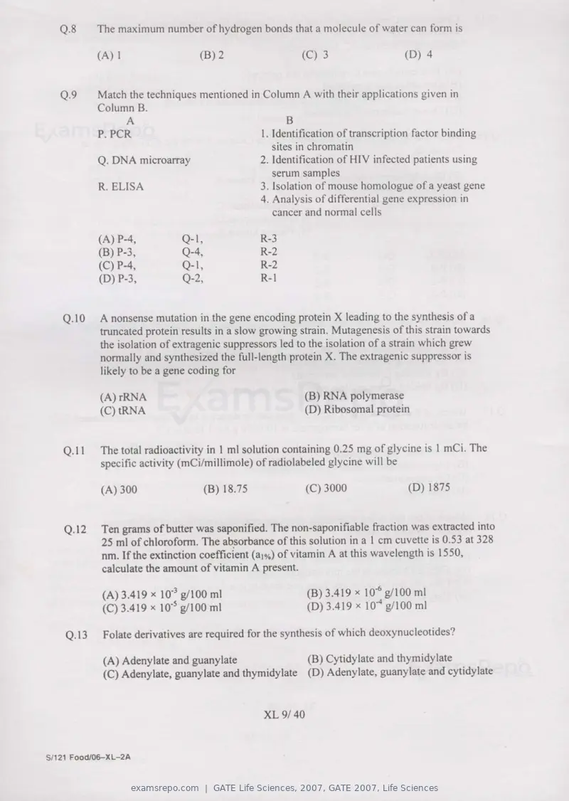 GATE Life Sciences 2007 question paper, GATE 2007, Life Sciences, page 9 of 35