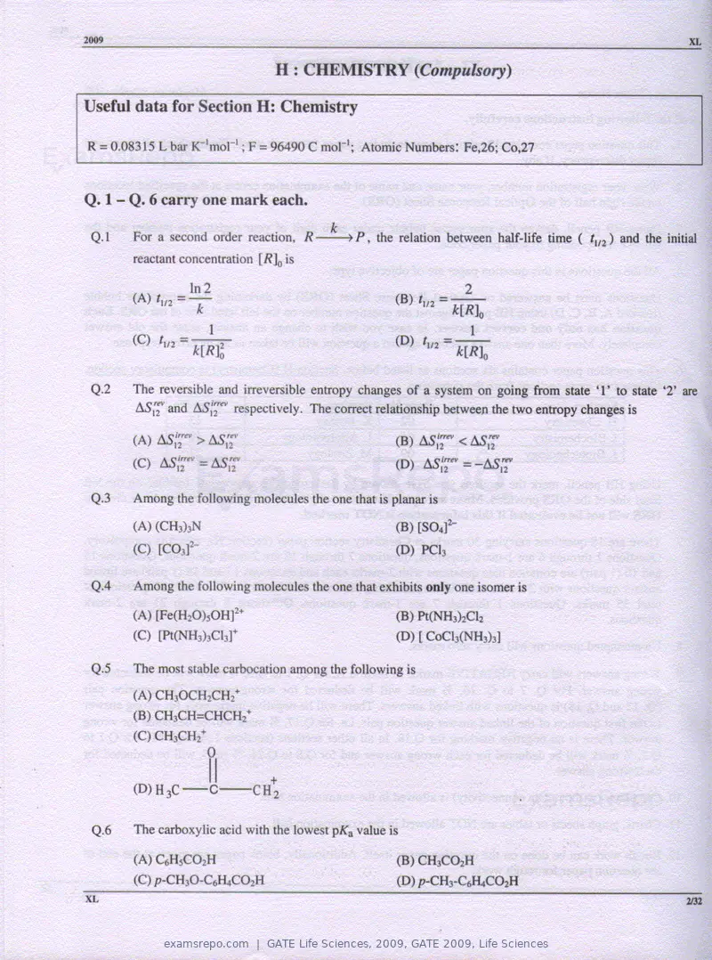 GATE Life Sciences 2009 question paper, GATE 2009, Life Sciences, page 2 of 24