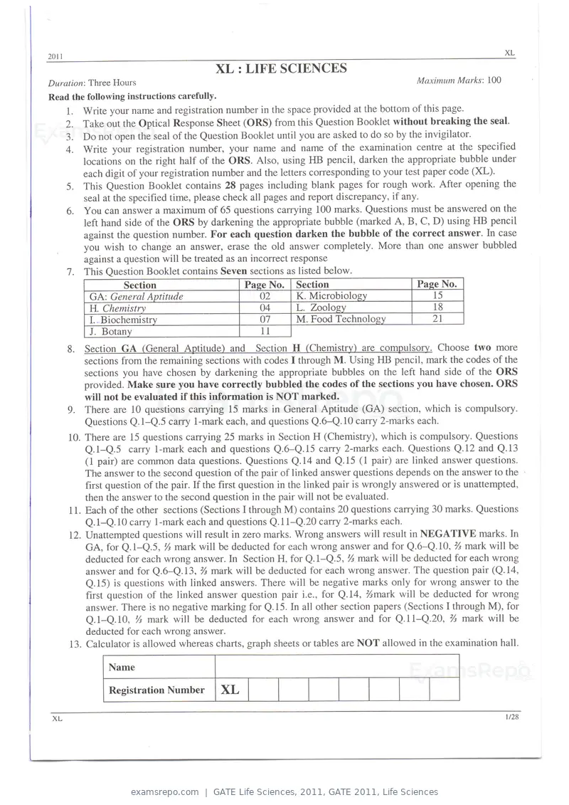 GATE Life Sciences 2011 question paper, GATE 2011, Life Sciences, page 1 of 23