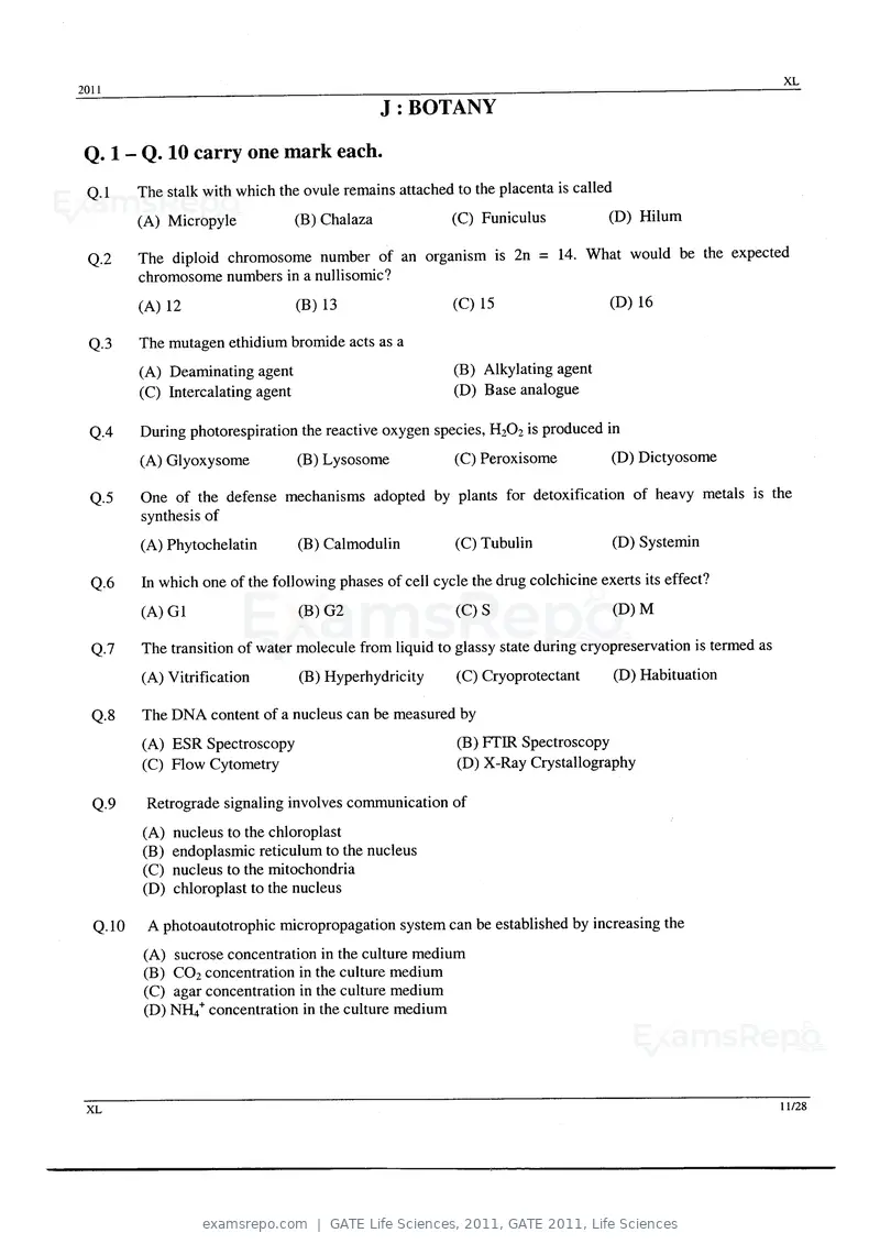 GATE Life Sciences 2011 question paper, GATE 2011, Life Sciences, page 11 of 23
