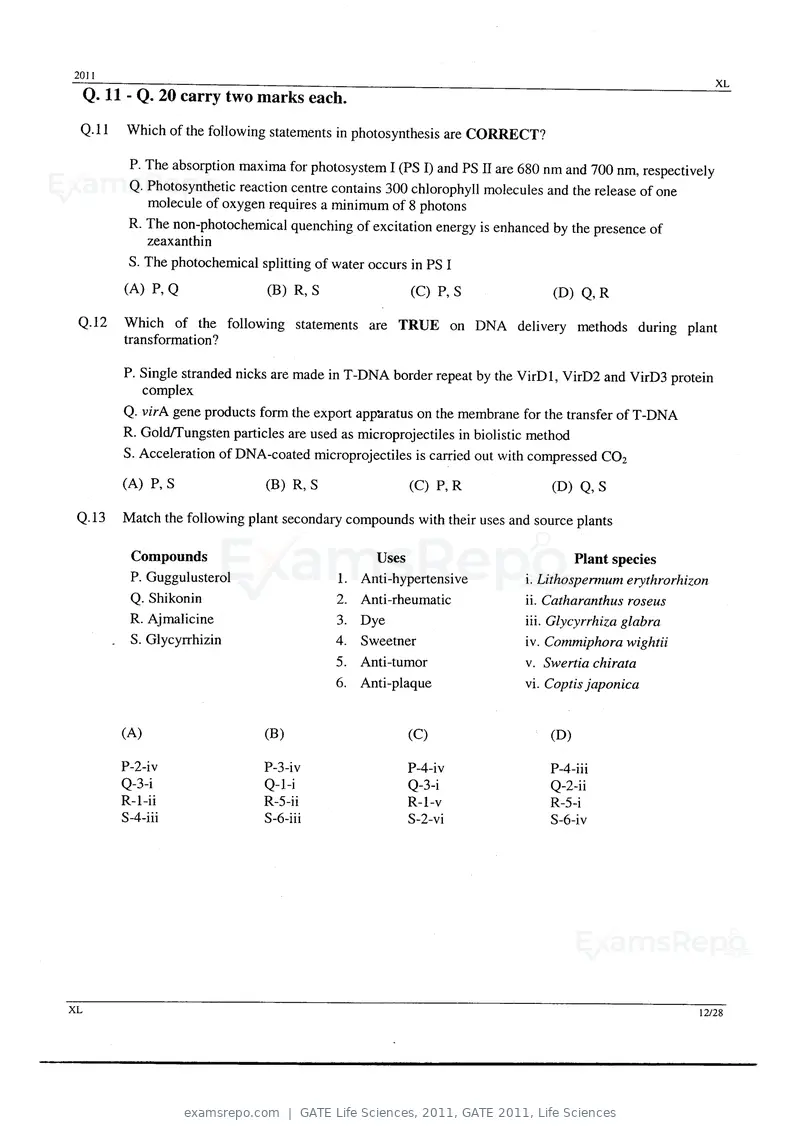 GATE Life Sciences 2011 question paper, GATE 2011, Life Sciences, page 12 of 23