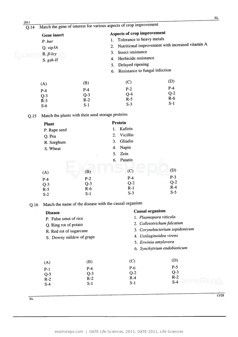 GATE Life Sciences 2011 question paper, GATE 2011, Life Sciences, page 13 of 23