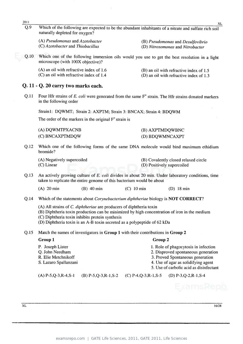 GATE Life Sciences 2011 question paper, GATE 2011, Life Sciences, page 16 of 23