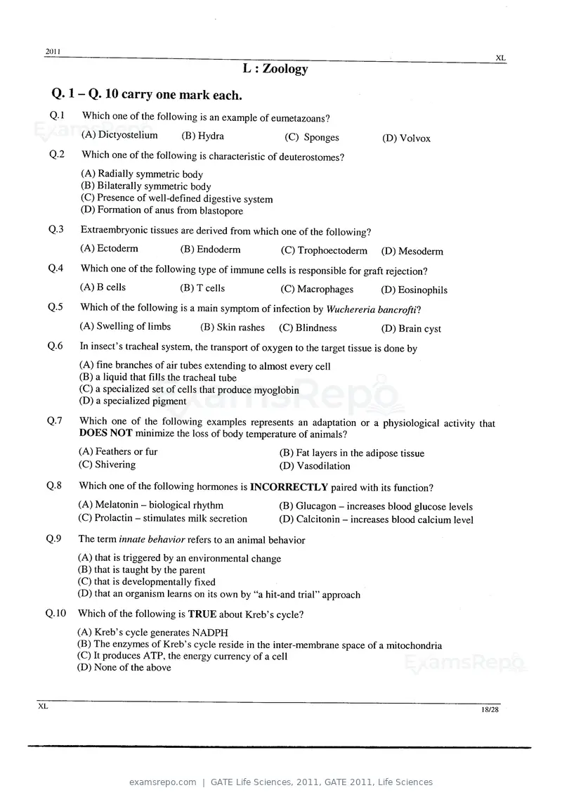GATE Life Sciences 2011 question paper, GATE 2011, Life Sciences, page 18 of 23