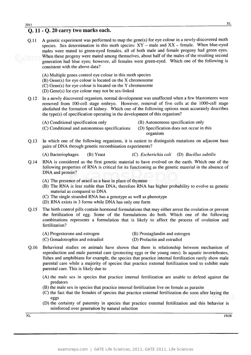 GATE Life Sciences 2011 question paper, GATE 2011, Life Sciences, page 19 of 23
