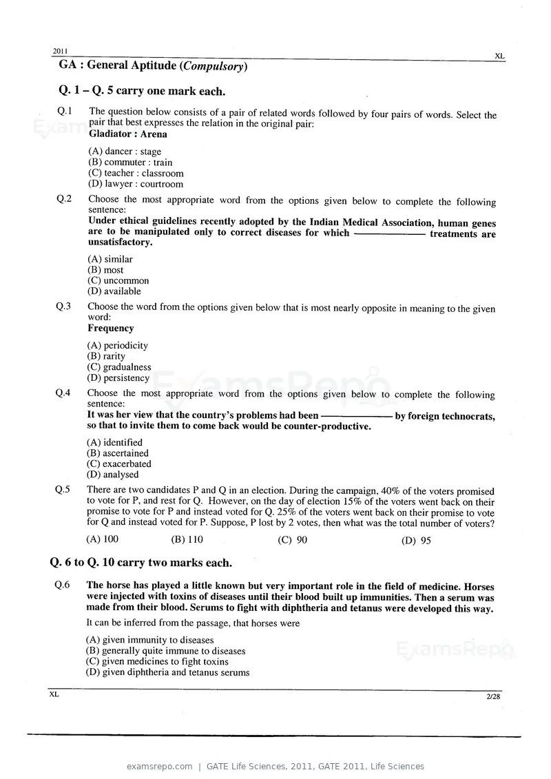 GATE Life Sciences 2011 question paper, GATE 2011, Life Sciences, page 2 of 23