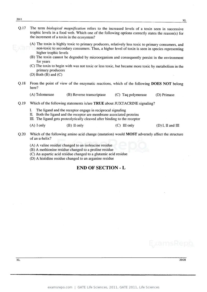 GATE Life Sciences 2011 question paper, GATE 2011, Life Sciences, page 20 of 23