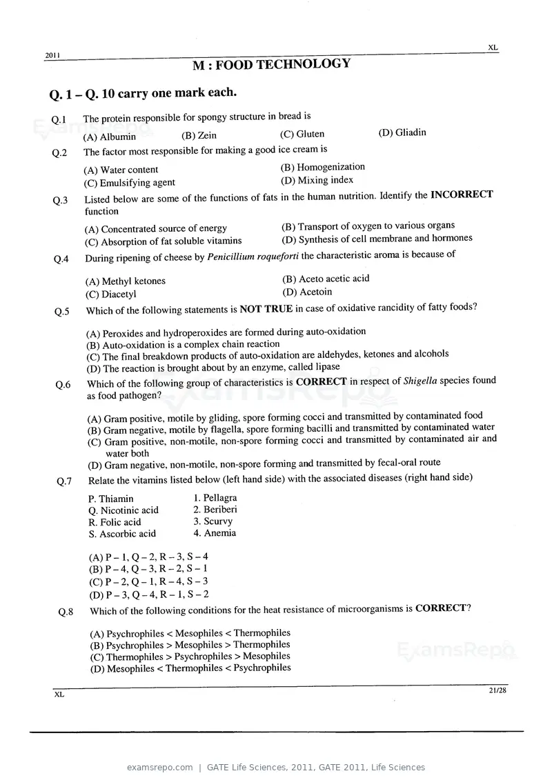 GATE Life Sciences 2011 question paper, GATE 2011, Life Sciences, page 21 of 23