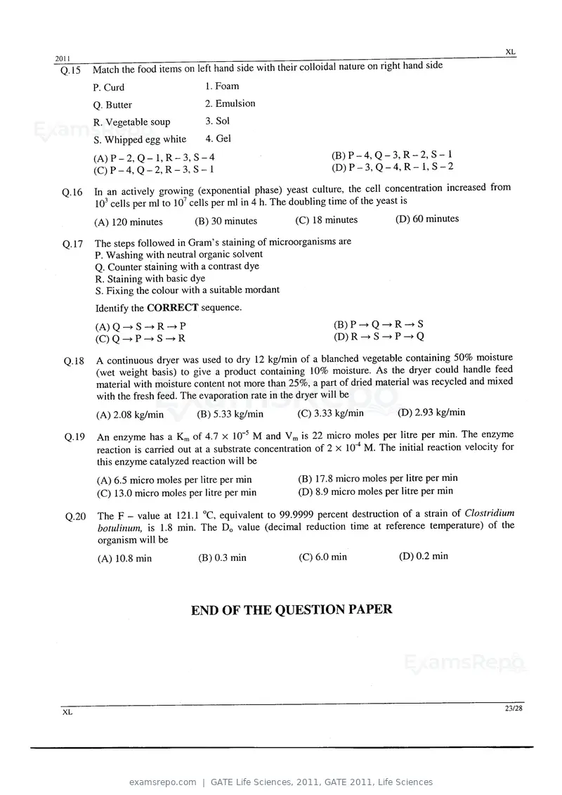 GATE Life Sciences 2011 question paper, GATE 2011, Life Sciences, page 23 of 23