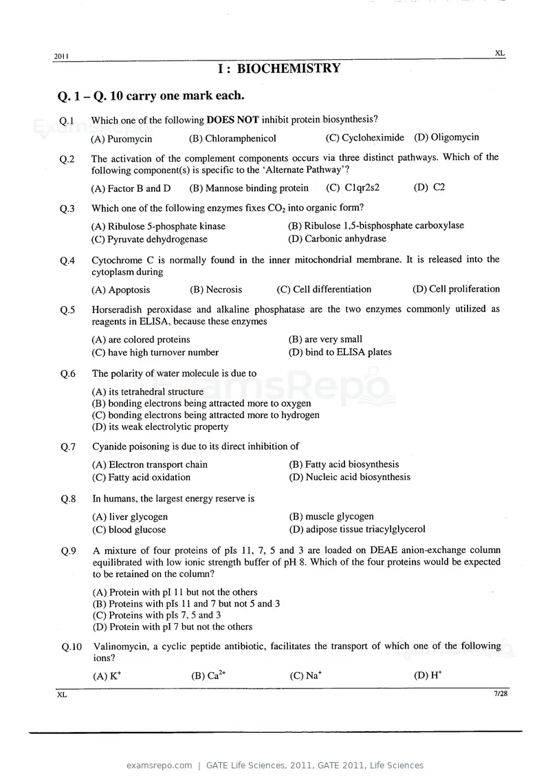 GATE Life Sciences 2011 question paper, GATE 2011, Life Sciences, page 7 of 23