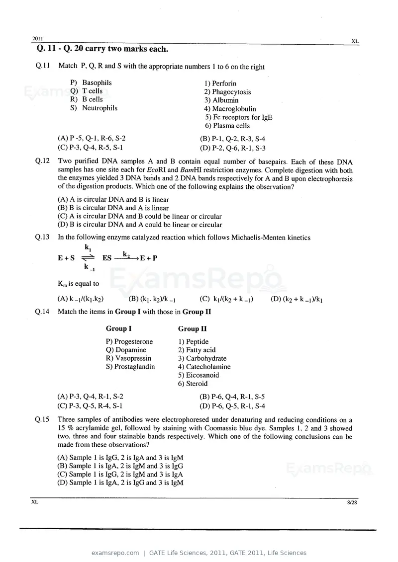 GATE Life Sciences 2011 question paper, GATE 2011, Life Sciences, page 8 of 23