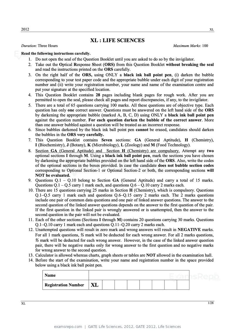 GATE Life Sciences 2012 question paper, GATE 2012, Life Sciences, page 1 of 25