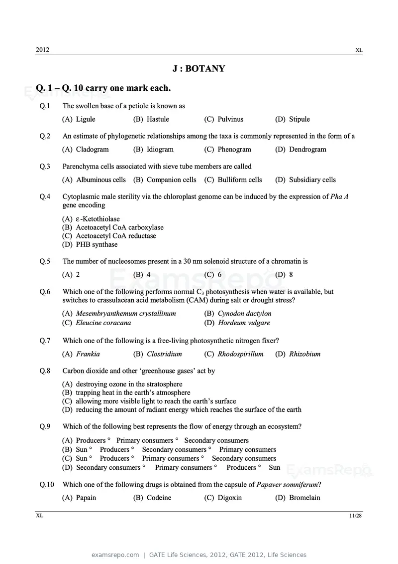 GATE Life Sciences 2012 question paper, GATE 2012, Life Sciences, page 11 of 25