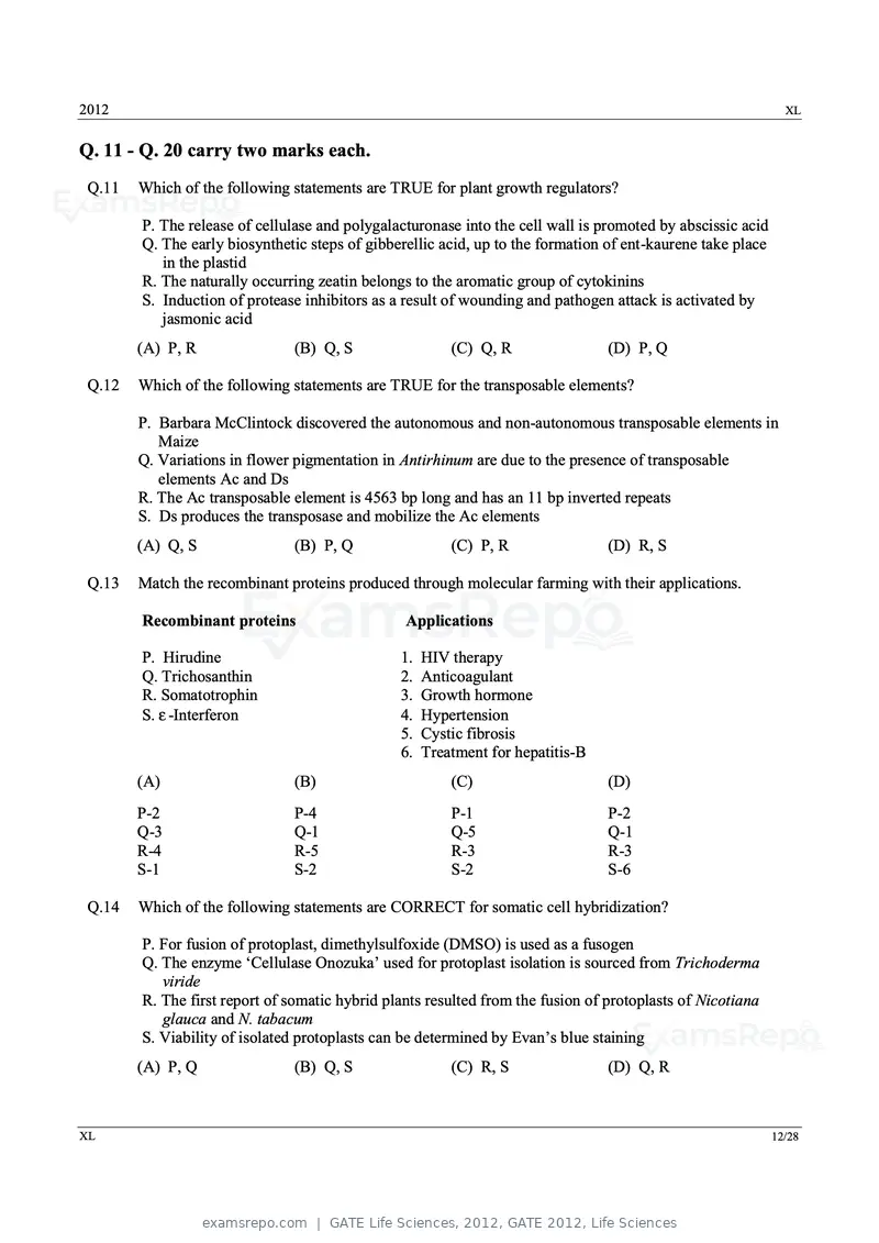GATE Life Sciences 2012 question paper, GATE 2012, Life Sciences, page 12 of 25