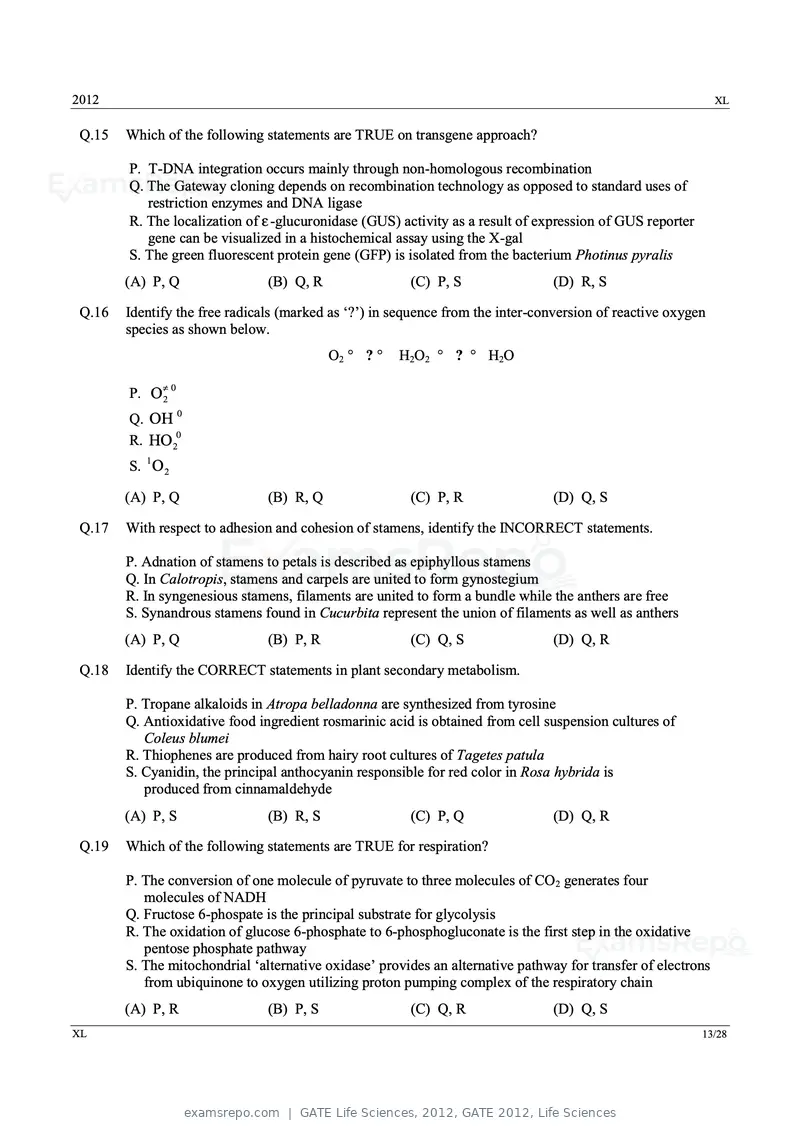 GATE Life Sciences 2012 question paper, GATE 2012, Life Sciences, page 13 of 25