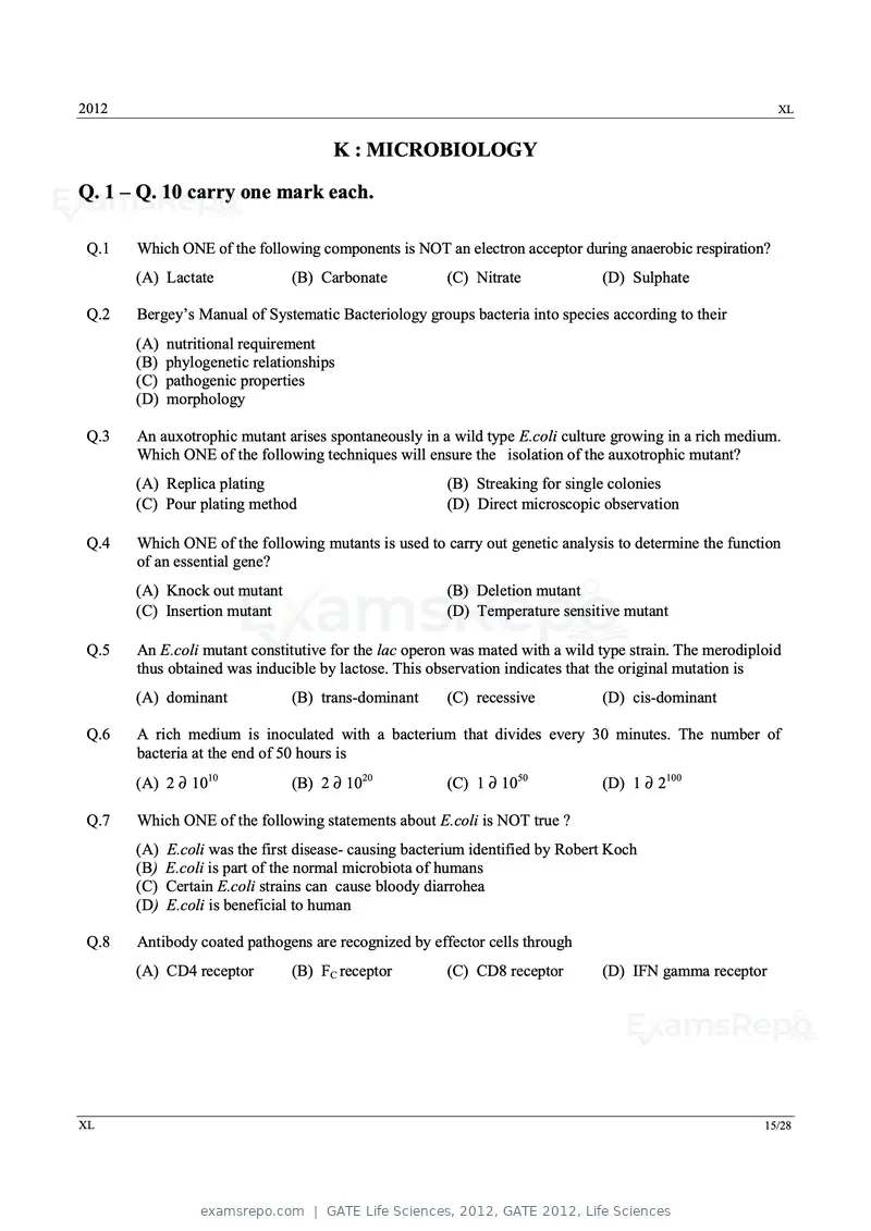 GATE Life Sciences 2012 question paper, GATE 2012, Life Sciences, page 15 of 25