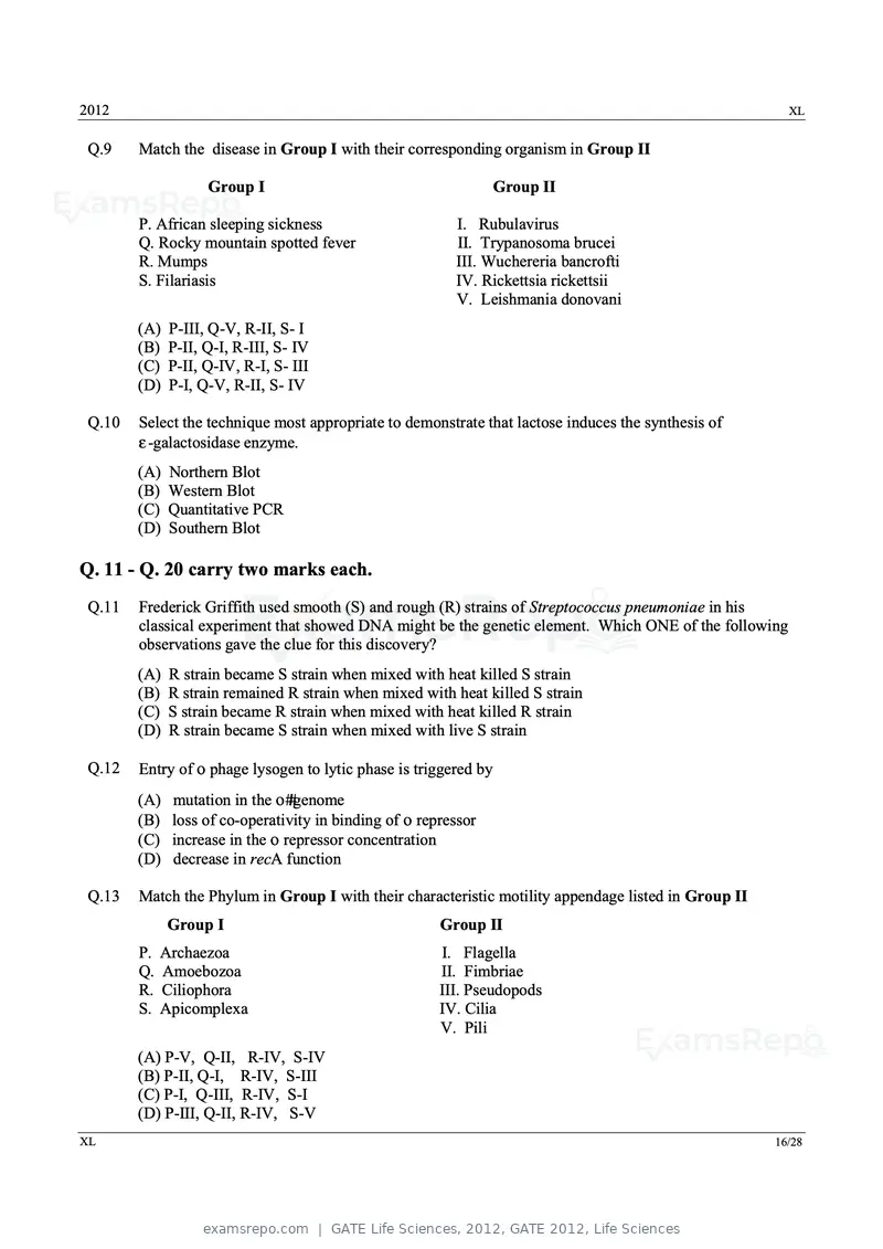 GATE Life Sciences 2012 question paper, GATE 2012, Life Sciences, page 16 of 25