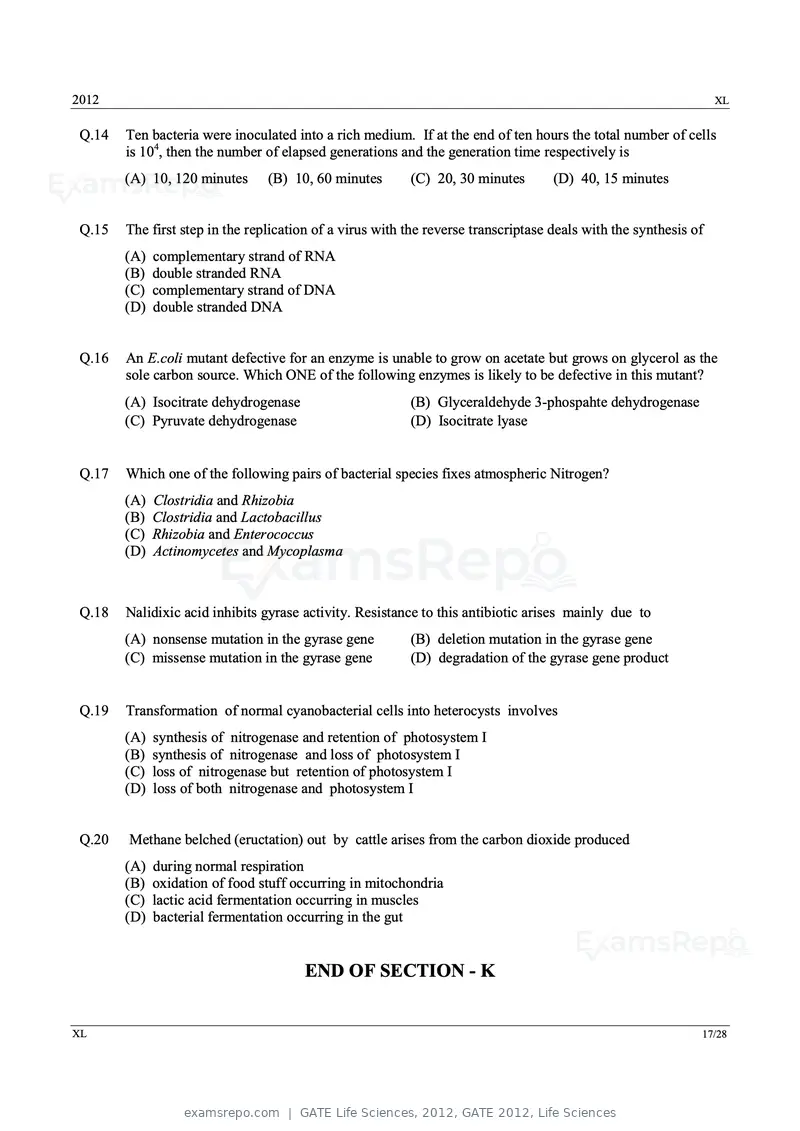 GATE Life Sciences 2012 question paper, GATE 2012, Life Sciences, page 17 of 25