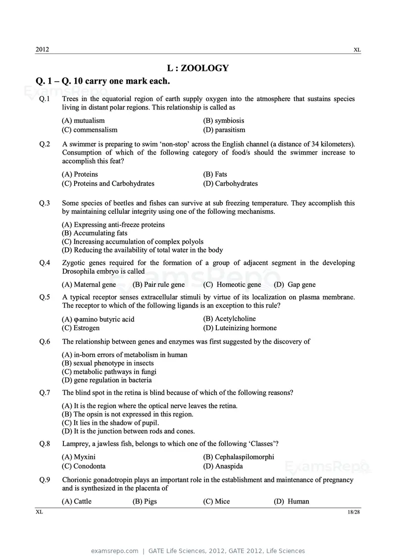 GATE Life Sciences 2012 question paper, GATE 2012, Life Sciences, page 18 of 25