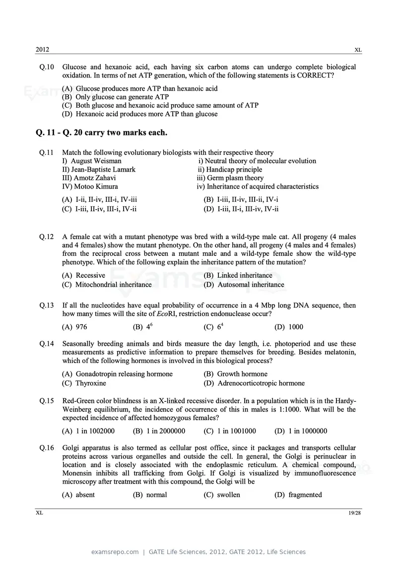 GATE Life Sciences 2012 question paper, GATE 2012, Life Sciences, page 19 of 25