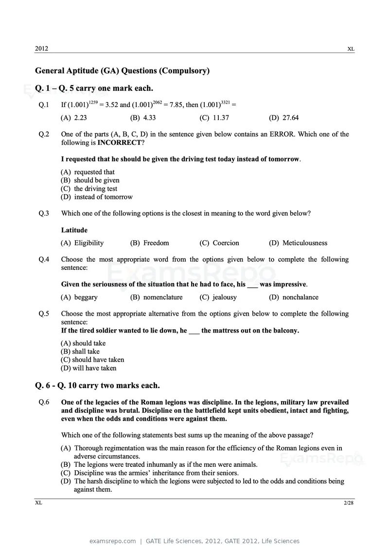 GATE Life Sciences 2012 question paper, GATE 2012, Life Sciences, page 2 of 25