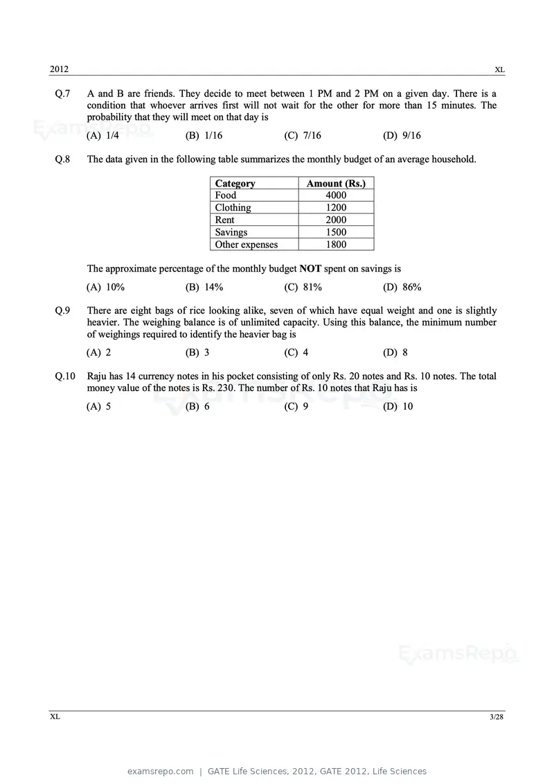 GATE Life Sciences 2012 question paper, GATE 2012, Life Sciences, page 3 of 25