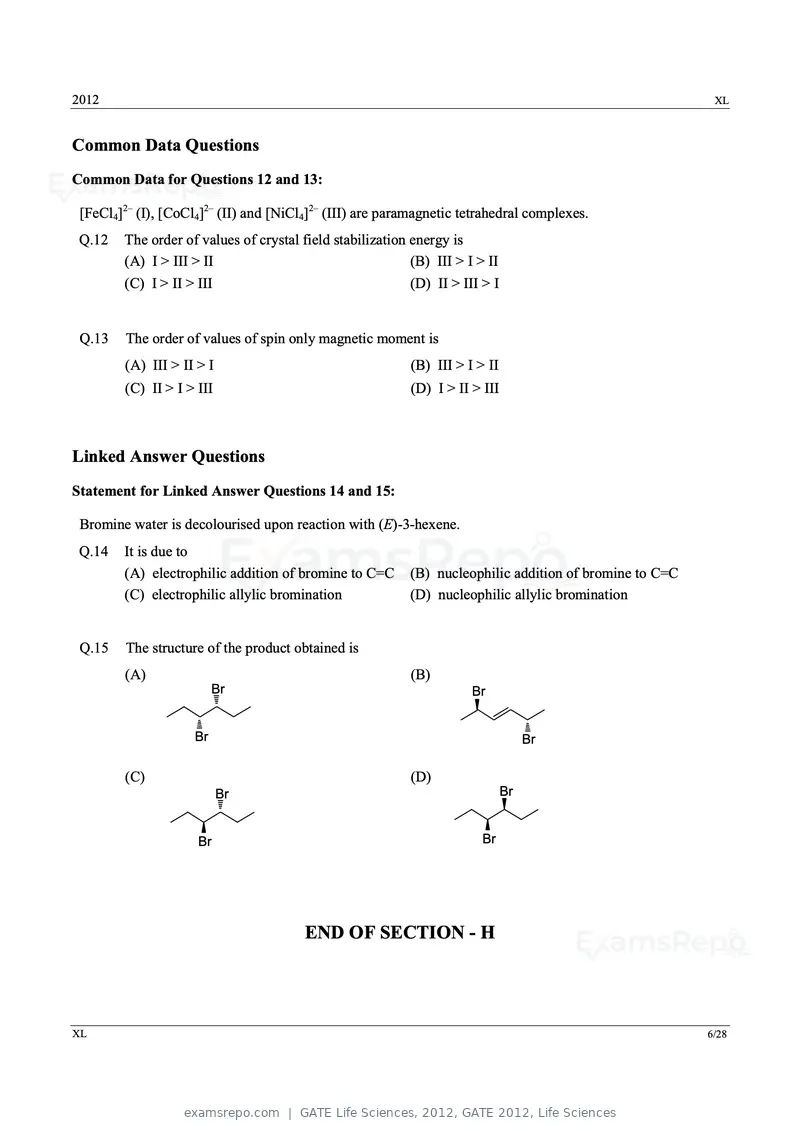 GATE Life Sciences 2012 question paper, GATE 2012, Life Sciences, page 6 of 25
