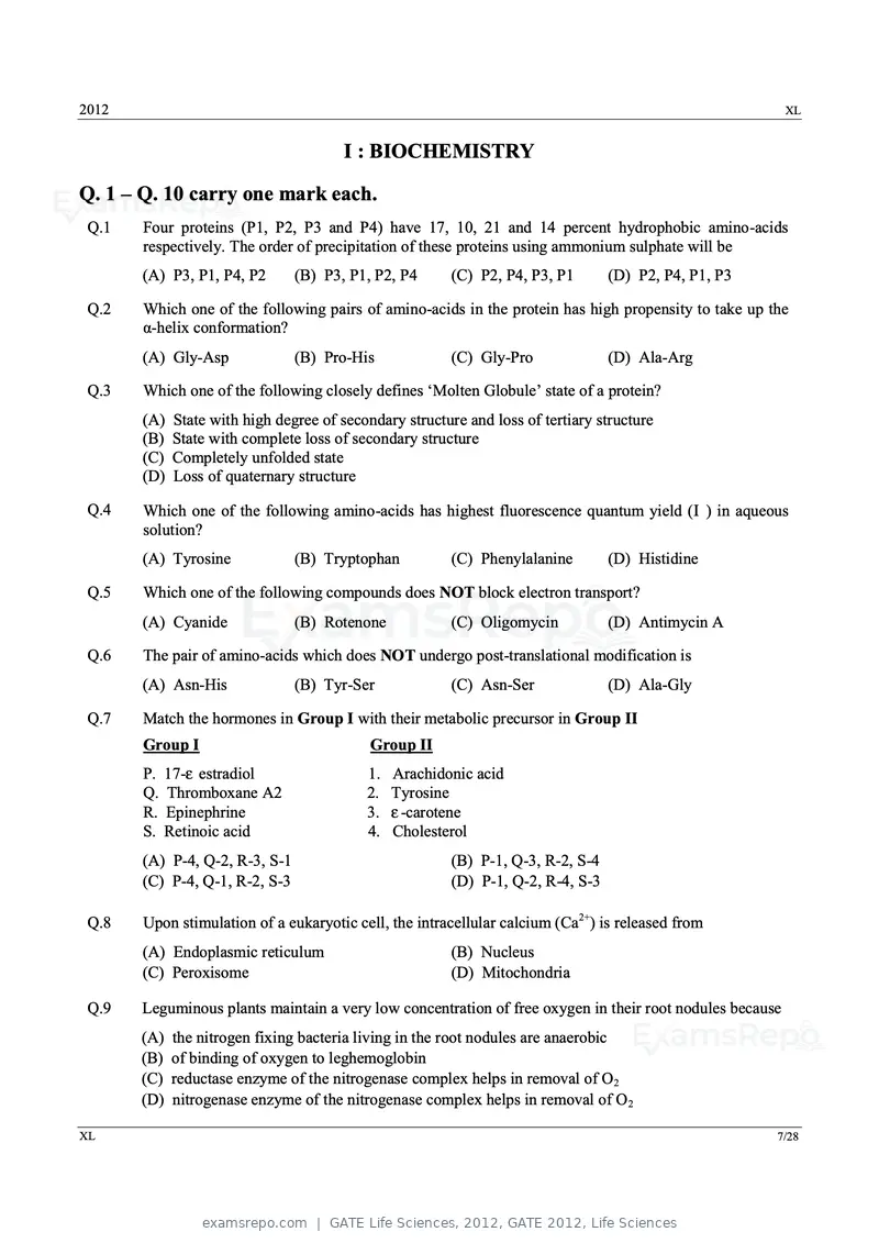 GATE Life Sciences 2012 question paper, GATE 2012, Life Sciences, page 7 of 25