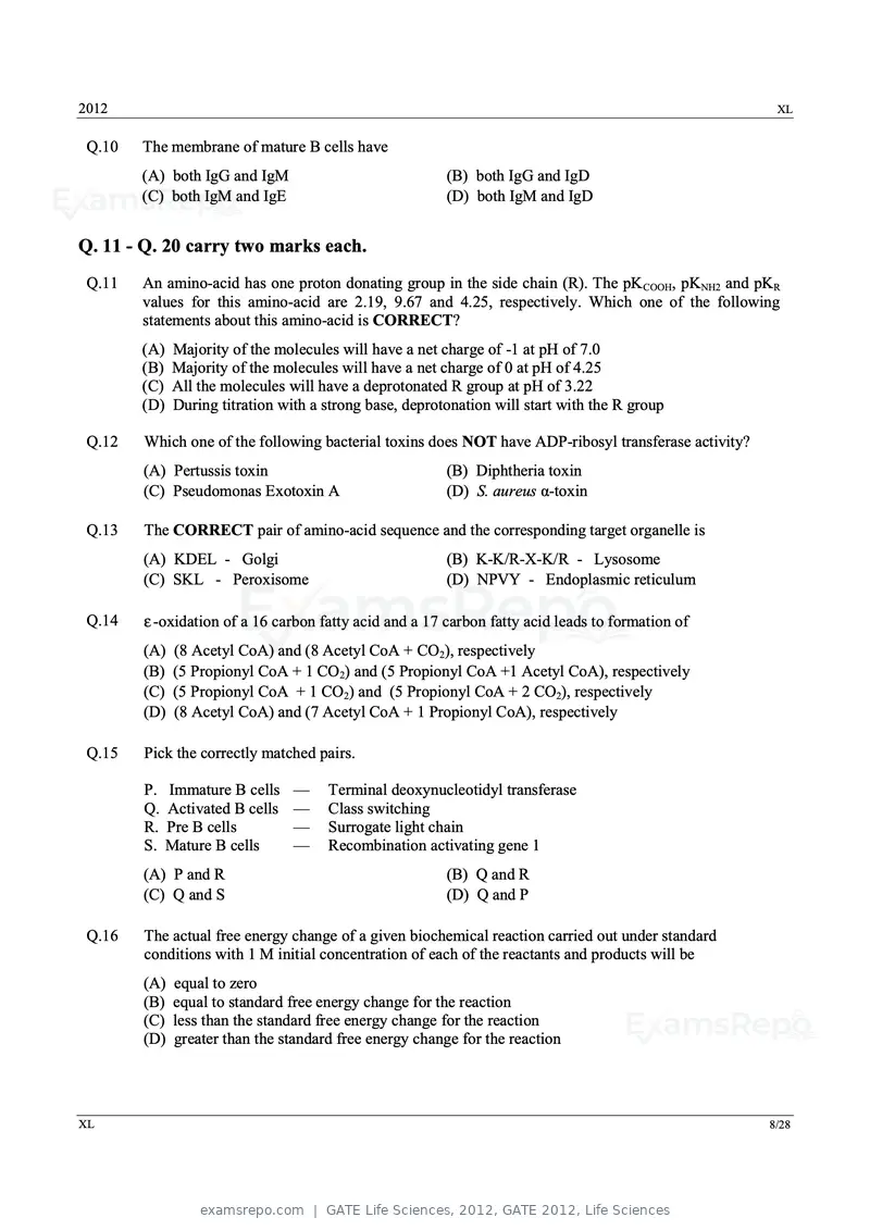 GATE Life Sciences 2012 question paper, GATE 2012, Life Sciences, page 8 of 25