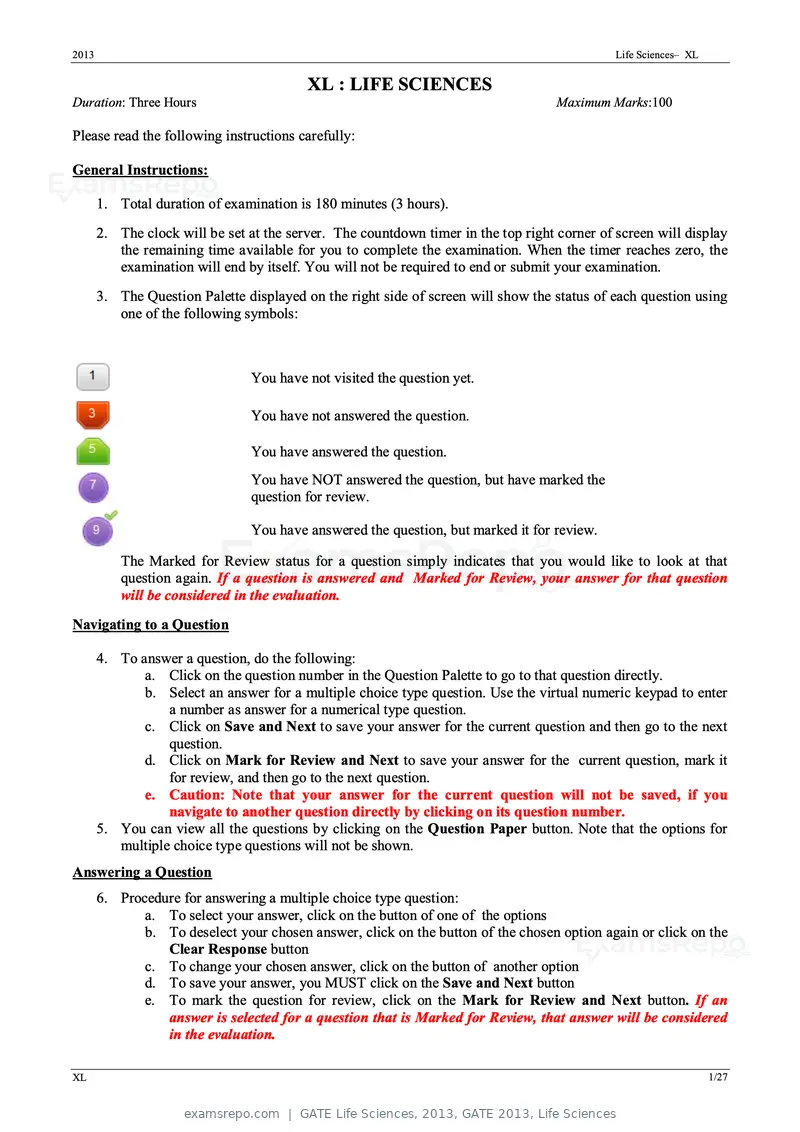 GATE Life Sciences 2013 question paper, GATE 2013, Life Sciences, page 1 of 27
