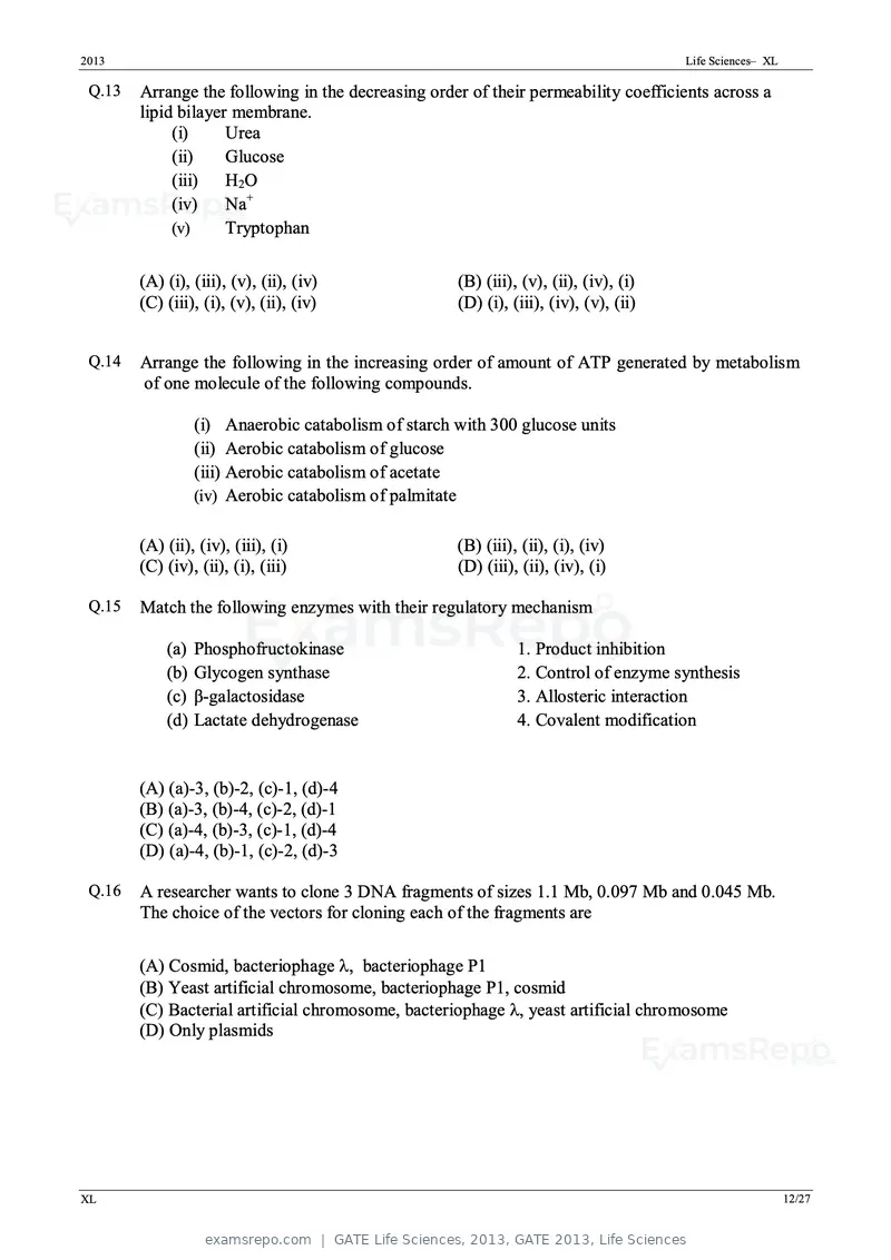 GATE Life Sciences 2013 question paper, GATE 2013, Life Sciences, page 12 of 27